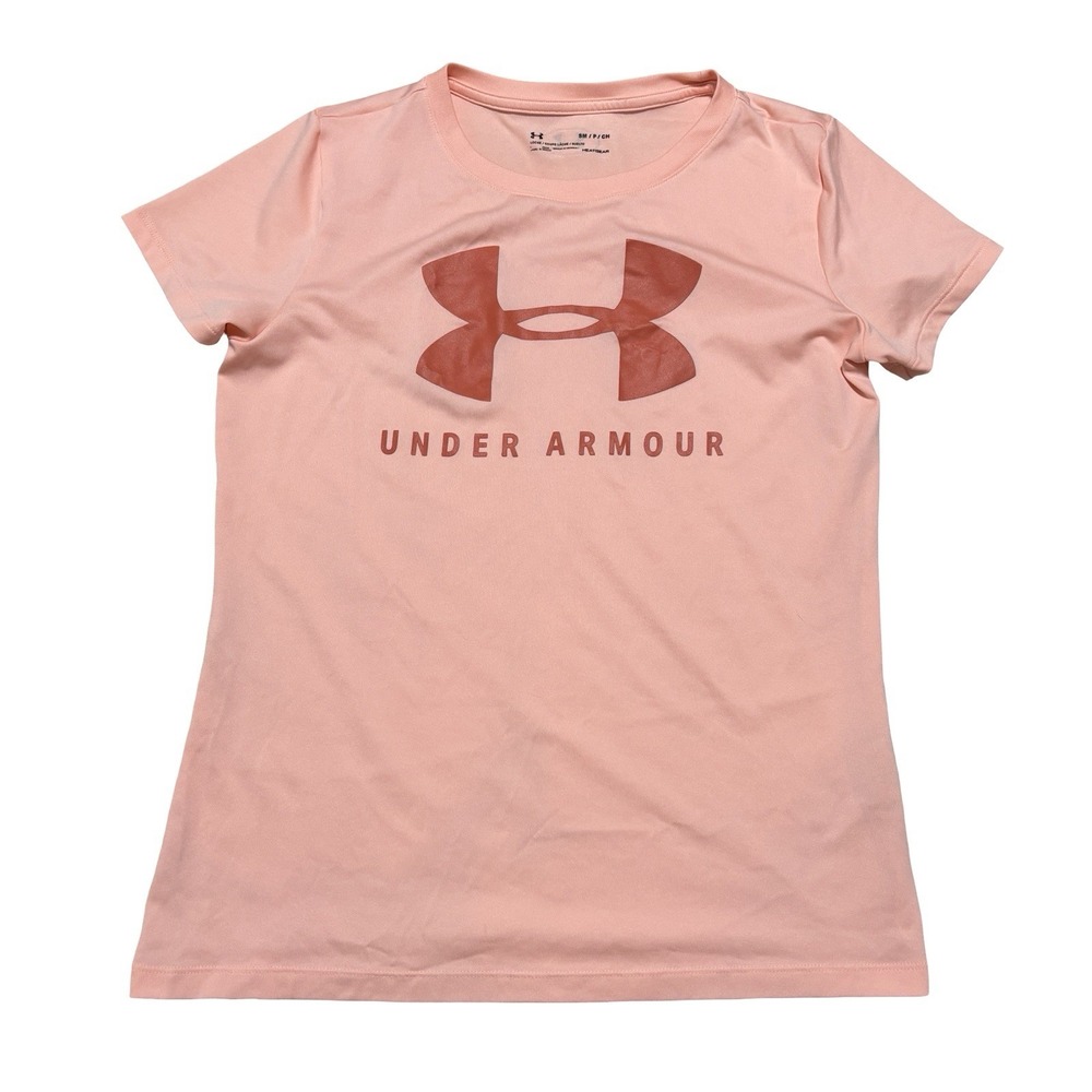 Under Armour Women's Heatgear Graphic Big Logo T Shirt Orange Size Small 18 x 24